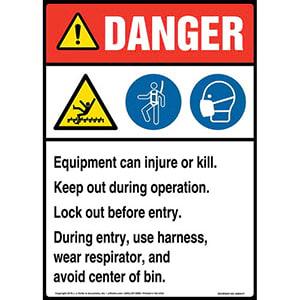 Danger: Equipment Can Injure Or Kill, Keep Out During Operation, Lock Out Before Entry Sign with Icons - ANSI, Long Format