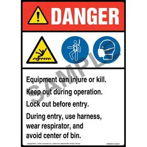 Danger: Equipment Can Injure Or Kill, Keep Out During Operation, Lock Out Before Entry Sign with Icons - ANSI, Long Format