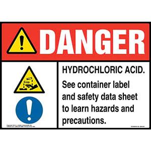 Danger: Hydrochloric Acid, See Container Label And Safety Data Sheet Sign with Icons - ANSI