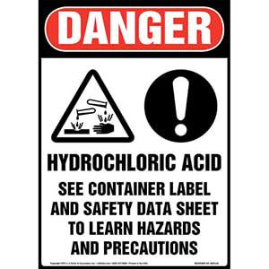 Danger: Hydrochloric Acid, See Container Label And Safety Data Sheet Sign with Icons - OSHA, Long Format