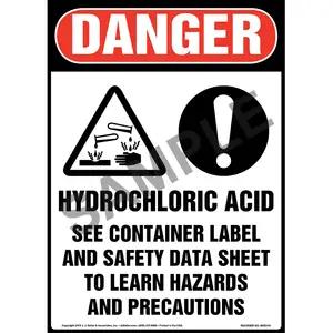 Danger: Hydrochloric Acid, See Container Label And Safety Data Sheet Sign with Icons - OSHA, Long Format