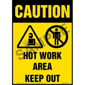 Caution: Hot Work Area, Keep Out Sign with Icons - OSHA, Long Format
