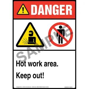 Danger: Hot Work Area, Keep Out Sign with Icons - ANSI, Long Format