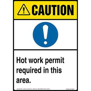 Caution: Hot Work Permit Required In This Area Sign with Icon - ANSI, Long Format