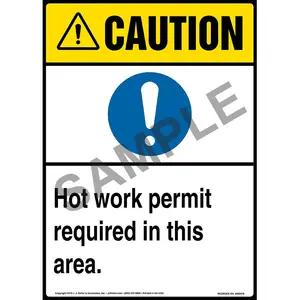 Caution: Hot Work Permit Required In This Area Sign with Icon - ANSI, Long Format
