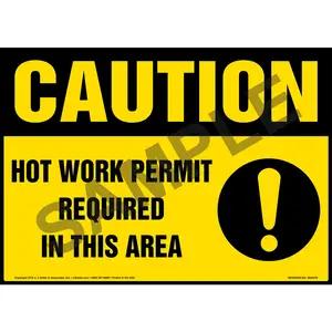 Caution: Hot Work Permit Required In This Area Sign with Icons - OSHA