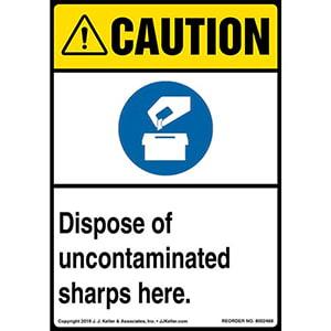 Caution: Dispose Of Uncontaminated Sharps Here Label with Icons - ANSI, Long Format