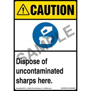 Caution: Dispose Of Uncontaminated Sharps Here Label with Icons - ANSI, Long Format