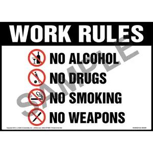 Work Rules, No Alcohol, No Drugs, No Smoking, No Weapons Sign with Icons - OSHA
