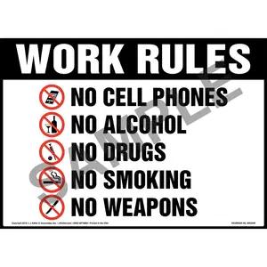 Work Rules, No Cell Phones, No Alcohol, No Drugs, No Smoking, No Weapons Sign with Icons - OSHA