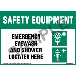 Safety Equipment: Emergency Eyewash And Shower Located Here Sign with Icon - OSHA