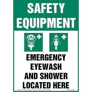 Safety Equipment: Emergency Eyewash And Shower Located Here Sign with Icon - OSHA, Long Format
