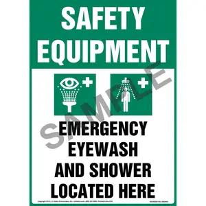 Safety Equipment: Emergency Eyewash And Shower Located Here Sign with Icon - OSHA, Long Format