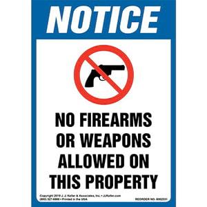 Notice: No Firearms Or Weapons Allowed On This Property Label with Icon - OSHA, Long Format