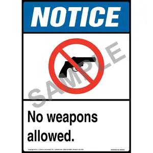 Notice: No Weapons Allowed Sign with Icon - ANSI, Long Format