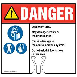 Cone Topper Sign - Danger: Lead Work Area Sign with Breathing Appliance, PPE and Gloves Icons - ANSI