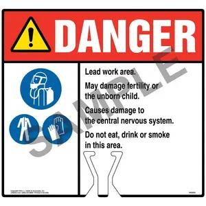 Cone Topper Sign - Danger: Lead Work Area Sign with Breathing Appliance, PPE and Gloves Icons - ANSI