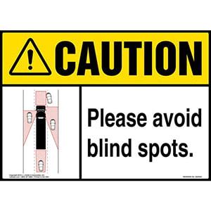 Caution: Please Avoid Blind Spots Sign with Icon - ANSI