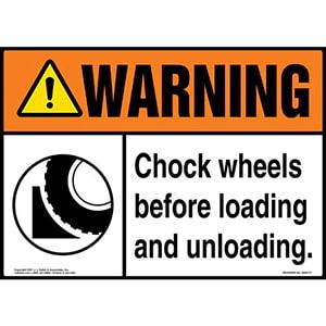 Warning: Chock Wheels Before Loading and Unloading Sign with Symbol - ANSI