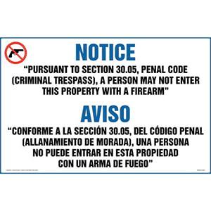 Texas: No Entry to Property with Firearm Sign (30.05) (Bilingual)