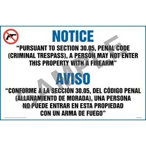 Texas: No Entry to Property with Firearm Sign (30.05) (Bilingual)