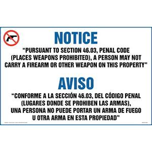 Texas: Prohibit Carry of Firearm or Other Weapon on Property Sign (46.03) (Bilingual)