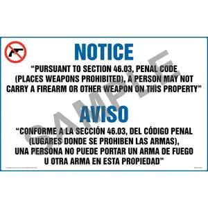 Texas: Prohibit Carry of Firearm or Other Weapon on Property Sign (46.03) (Bilingual)