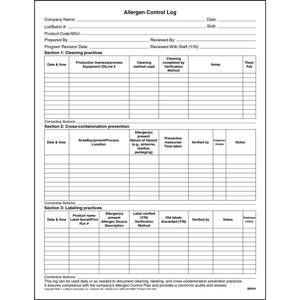 Food Safety Allergen Control Log