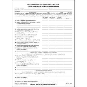 Check Sheet for Driver Qualification Forms - Snap-Out Format