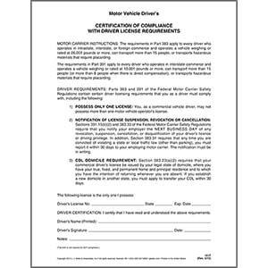 Driver's Certification of Compliance, Single-Ply