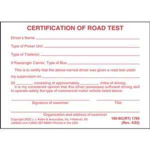 Certification of Road Test - Pocket Cards