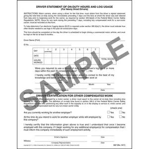 Driver's Statement of On-Duty Hours - New Hire - Padded Format