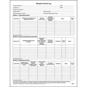 Food Safety Allergen Control Log